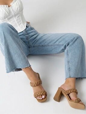 Braided Tan Block Heel Sandals - Women
